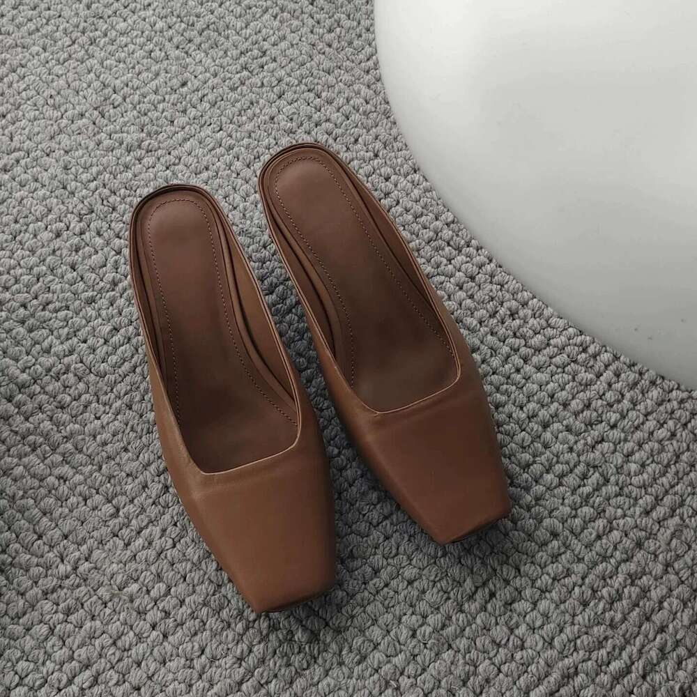 Genuine Leather French Square Toe Cat for Women 2025 Spring Summer New Fashion Thin Heel Mules Sandals