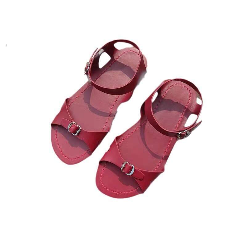Genuine Leather Flat Beach with Red Straps for Women, Summer Fashion Roman Fairy Style One-Strap Sandals