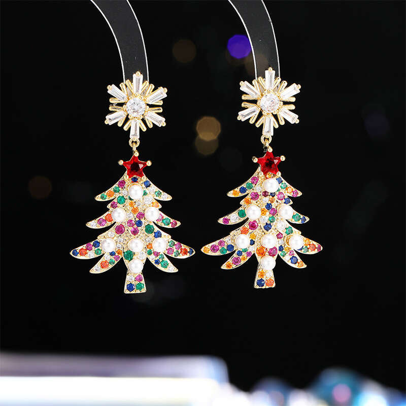 Trendy Fashionable Christmas Tree Earrings New Style Colorful Zircon Inlaid High-end Gift
