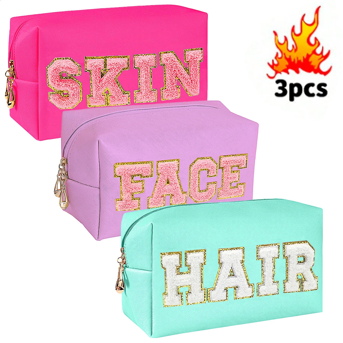 Chenille Letter Cosmetic Bag PU Leather Waterproof Pouch Cute Zipper Organizer Skin Hair and Facezmt 250528