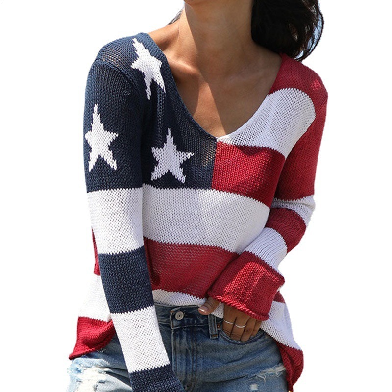 Women American Flag Sweater 4th of July Long Sleeve Crewneck Star Sweatshirt Vintage Hollow Out Knit Pullover Jumper Tops 240710