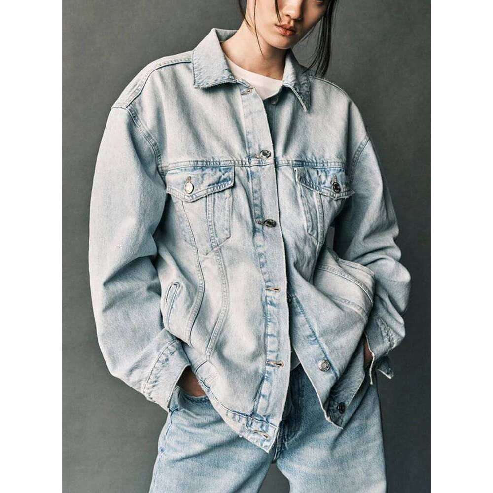 TRAF Women's Fashion Vintage Washed Single Breasted Long Sleeve Lapel Hundreds of Bottom Denim Shirt Jacket