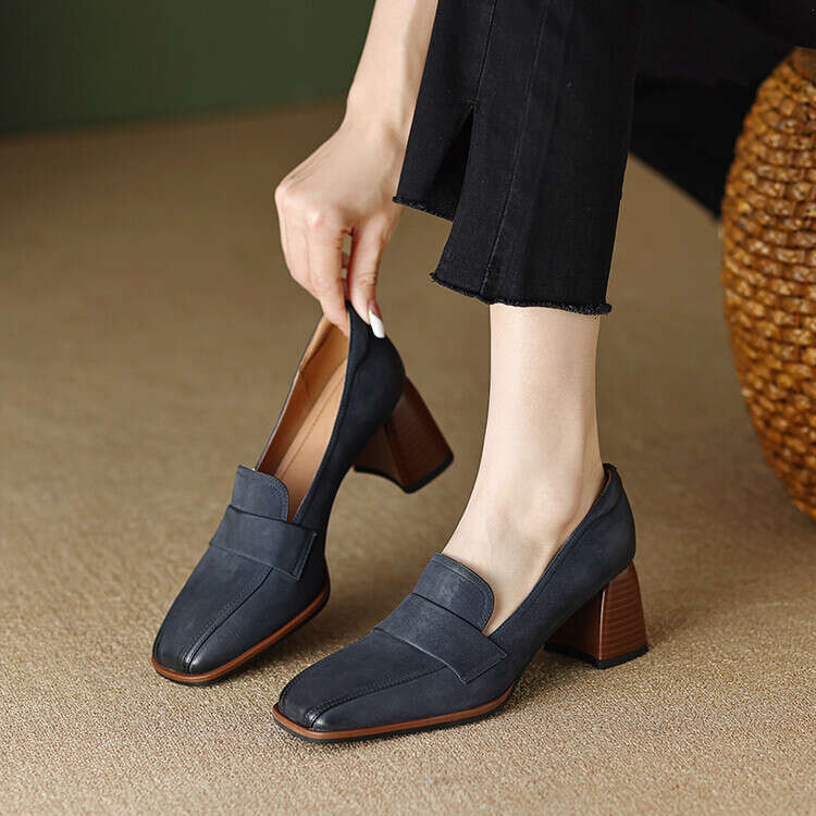 Chengdu Style ~ Genuine Leather Commuter Shoes for Women 2024 New Spring and Autumn Versatile Square Toe Chunky Heel High Heels