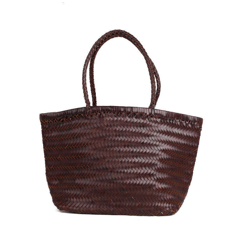 Tote Bag Ins Genuine Leather Recycled Cowhide Handmade Herringbone Woven Tote Basket Vacation Bag Shoulder Bag Braided Handbag Genuine leather women&#