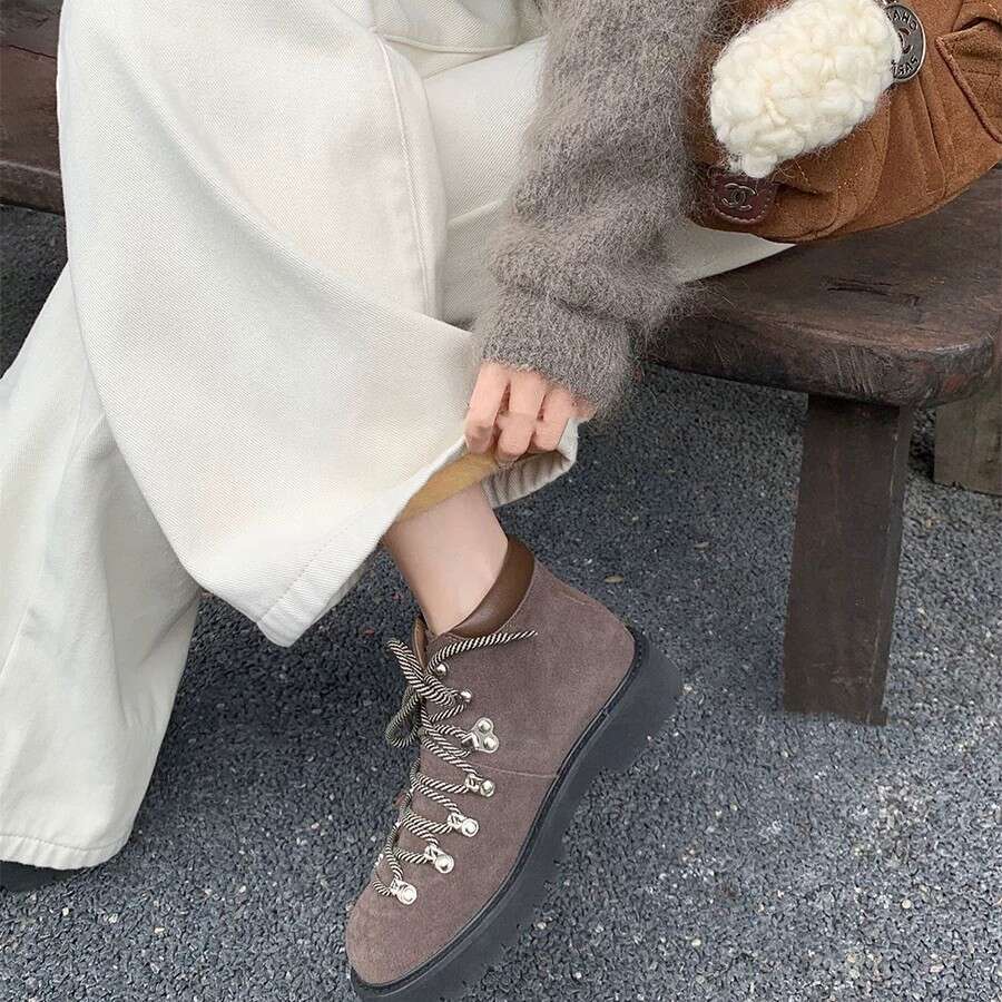 Genuine Leather Suede British Style Round Toe Chunky Heel High Top Martin for Women Thick Sole Versatile Front Lace-up Short Boots