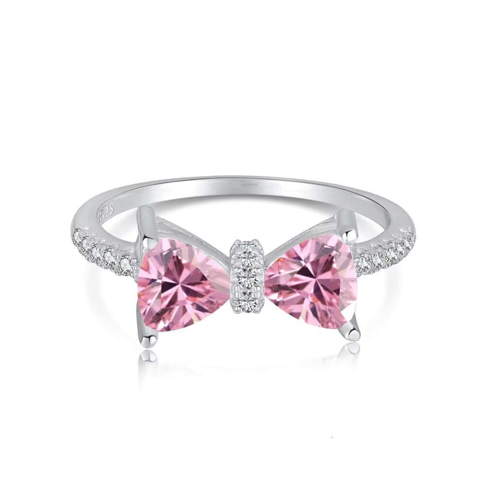 925 Sterling Silver Pink Diamond Ring Fashion Simple Love Drop Bow Full Diamond Ring for Women