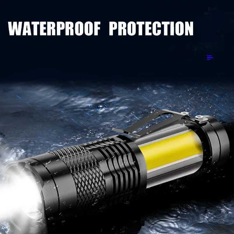 Mini Rechargeable LED Flashlight with Side Light Using XPE + COB Beads Supports Telescopic Zoom With Pen Clip for AdventureXJ250529