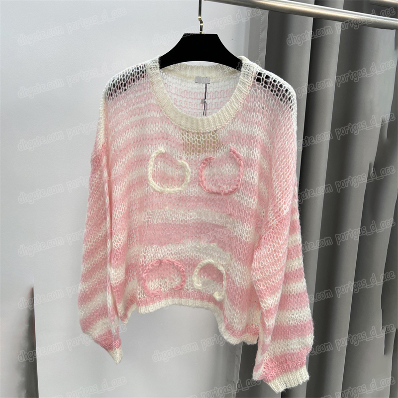 Designer Hollow Knit Jumper Top Women Long Sleeve Striped Sweater Spring Summer Graceful Knitted Pullover Shirts