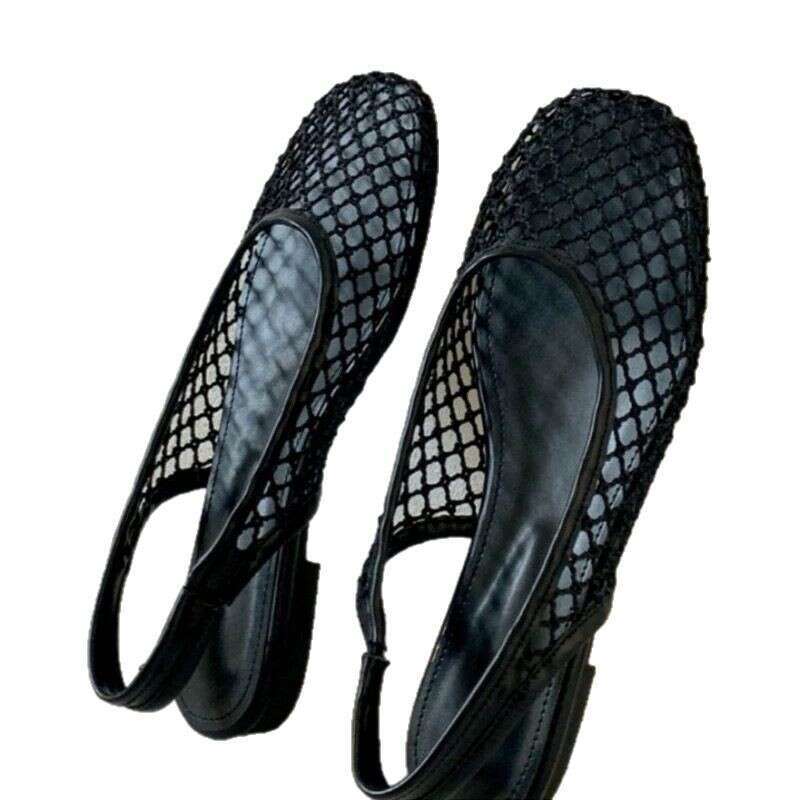 Genuine Leather Korean Style Mesh Fishnet Toe Sandals for Women 2025 New Summer Niche Flat Backless Slippers Single Shoes