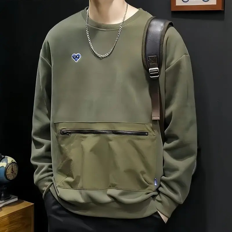 Japanese Style Trend Autumn Cargo Sweatshirts Men Solid O-Neck Zipper Multiple Pockets High Street Long Sleeve Loose Hoodies 250527