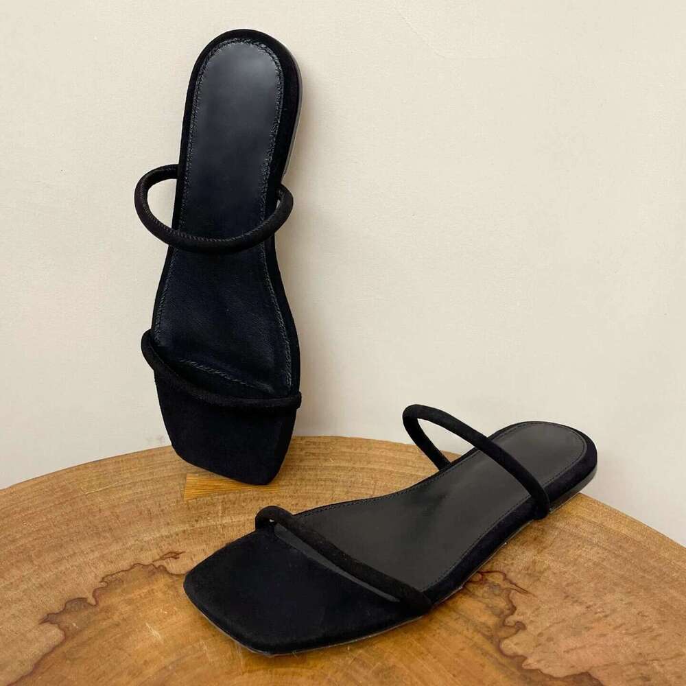 Sheepskin Version ~ Suede Niche Simple One-Strap Sandals for Women 2025 Summer Square Toe Flat Shoes Outdoor Slippers
