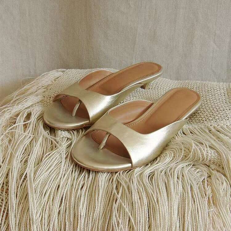 Genuine Leather Korean Style Elegant Post Stiletto Cat Sandals for Women Summer New Round Open Toe Low Heel Outdoor Slippers