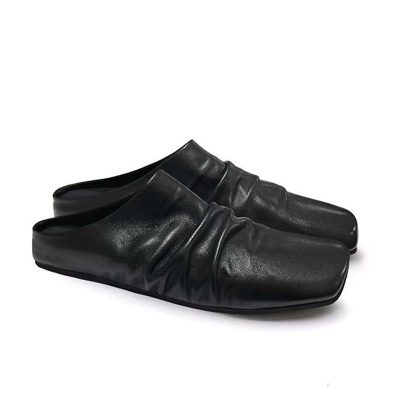 Genuine Niche Wrinkled Feel Closed-Toe Half Slippers for Women 2025 Spring Summer Square Toe Flat Mules Small Leather Single Shoes