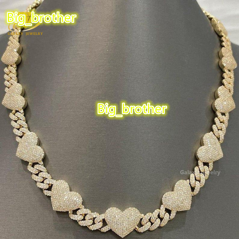 High Quality Heart Shaped Cuban Link Necklace Bracelet 14mm Moissanite Iced Out Diamonds 925 Sterling Silver Cuban Link Chain