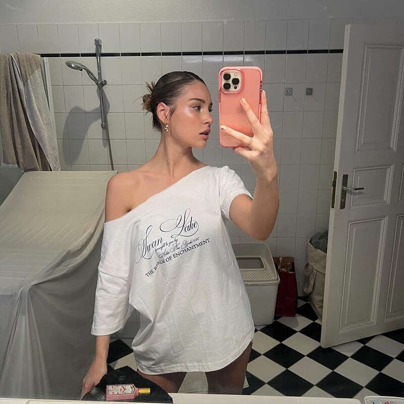 Summer New Women's American Street Fashion Letter Print Asymmetric Shoulder Loose T-Shirt Top B5