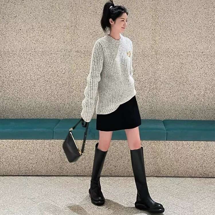 Straight Knight for Women 2024 New Autumn Winter Thick Sole Round Toe Slimming Over-the-Knee Mid-Length High Tube Boots