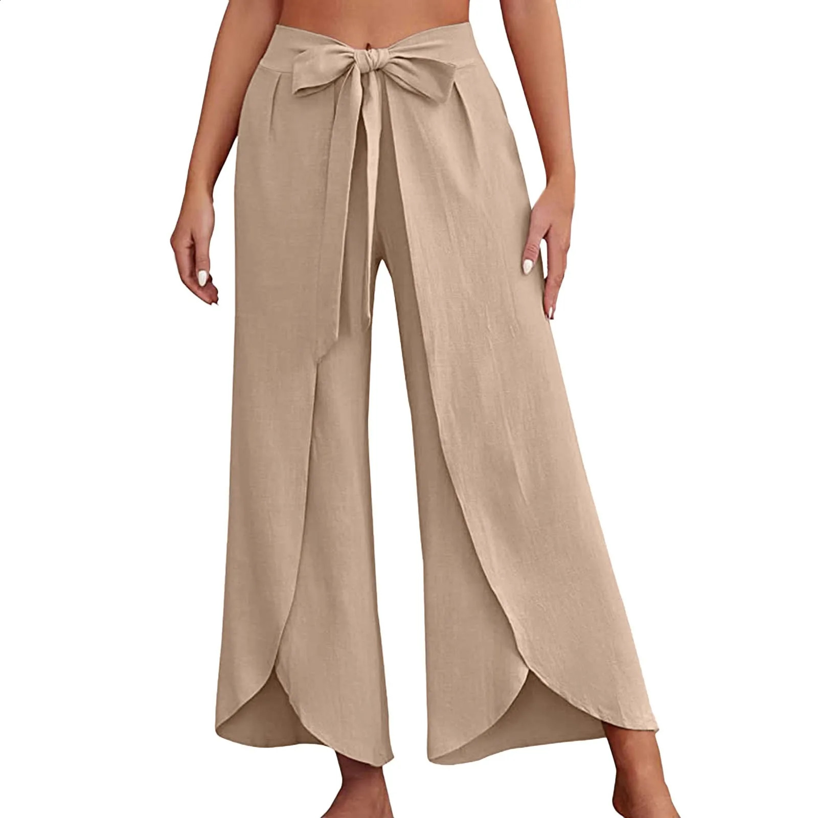Bohemian Women Flowy Wide Leg Pants Casual Summer Beach Pants LaceUp Fashion Solid Color Baggy Trousers Pantalones De Mujer 250529Z