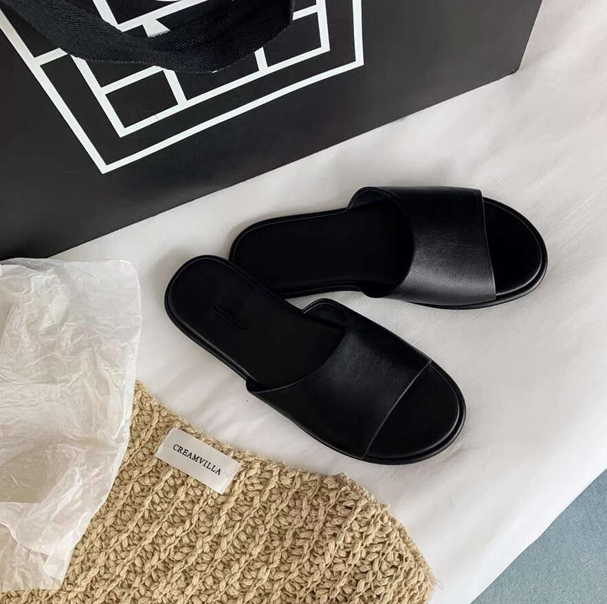 Genuine Leather Niche Row Style One-Strap Sandals for Women, Summer New Comfortable Flat Soft Sole Beach Half-Toe Slippers