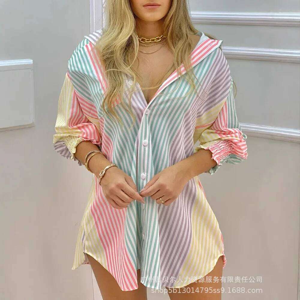 Women's Wear Women Summer Spring Loose Color Striped Shirt Mini Dress Long Sleeve Single Breasted Top Shirts