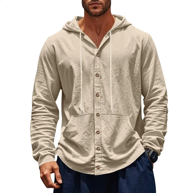 Cross-border Spring and Autumn American Loose Mens Loose Linen Casual Simple Beach Hooded Long Sleeve Shirt 250527