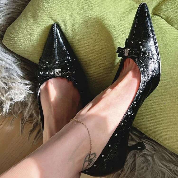 Genuine Leather French Rivet Bow Pointed Toe Shallow Mouth Stiletto Women 2025 New Spring Summer Elegant High Heels