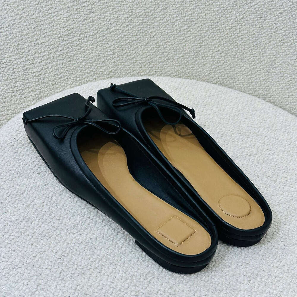 Genuine Leather Niche Design Bowknot Square Toe Flat Mules for Women Outdoor Spring Summer New Sandals Single Shoes
