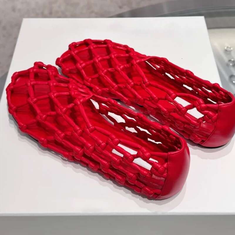 Cowhide Version ~ Niche Fishnet Woven Hollow Round Toe Flat Shoes for Women 2025 Spring Summer Ballet Sandals
