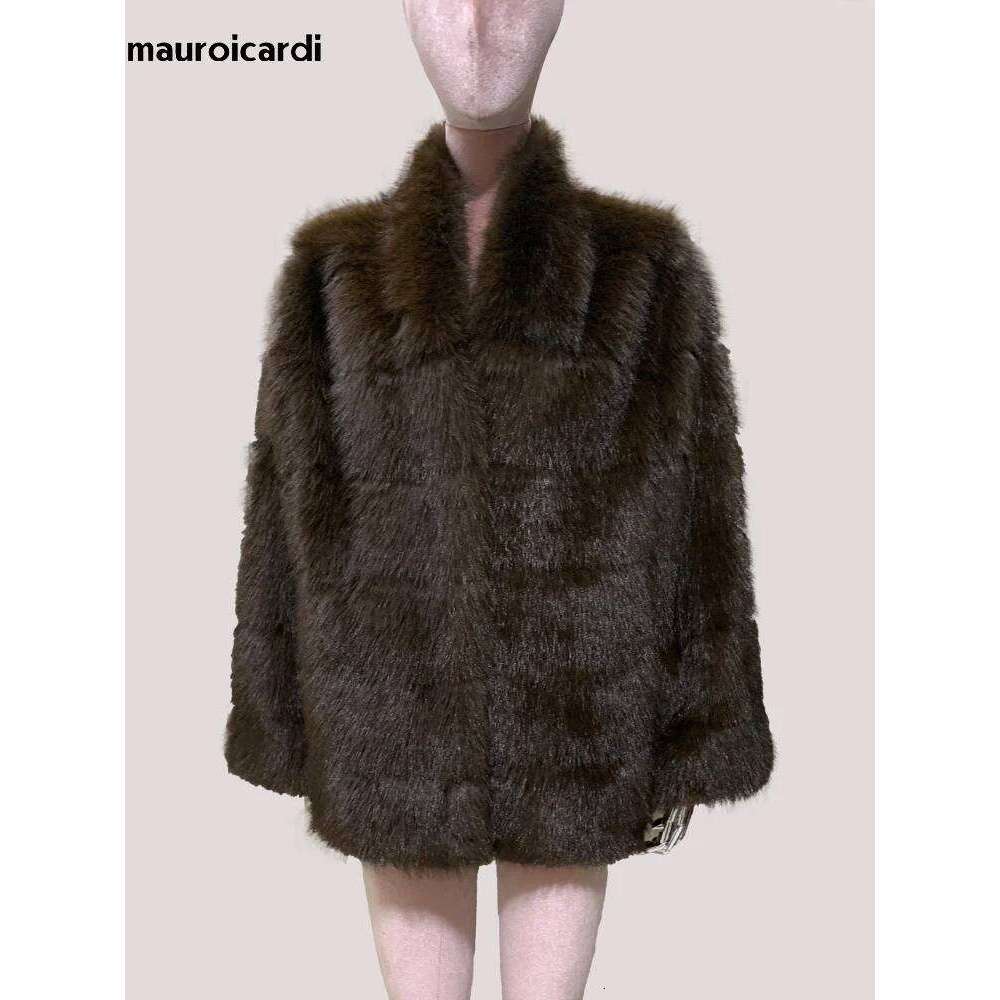 Mauroicardi Autumn Winter Thick Warm Soft Hairy Shaggy Striped Faux Sable Fur Coat Women with Deep V Neck Elegant Fluffy Jacket