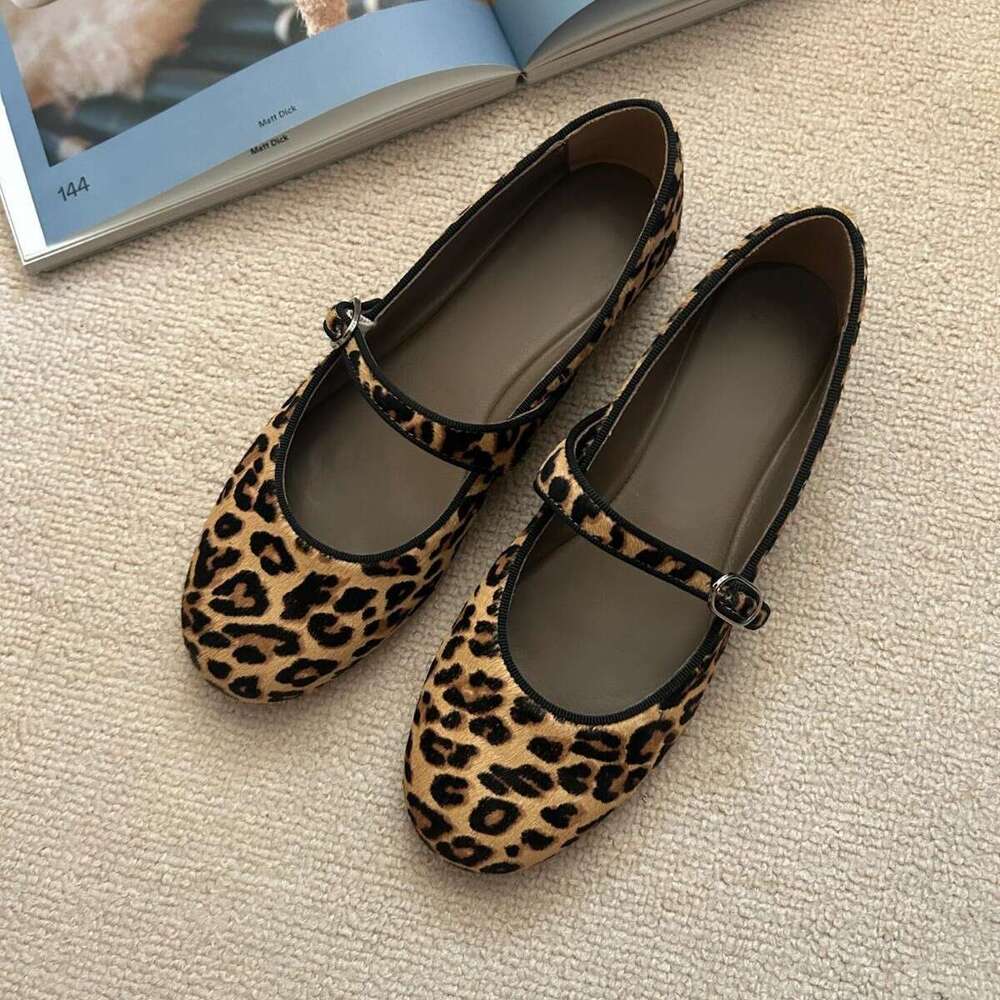 Genuine Leather French Leopard Print Round Toe Mary Jane Shoes with Strap for Women 2025 New Spring Ballet Flats