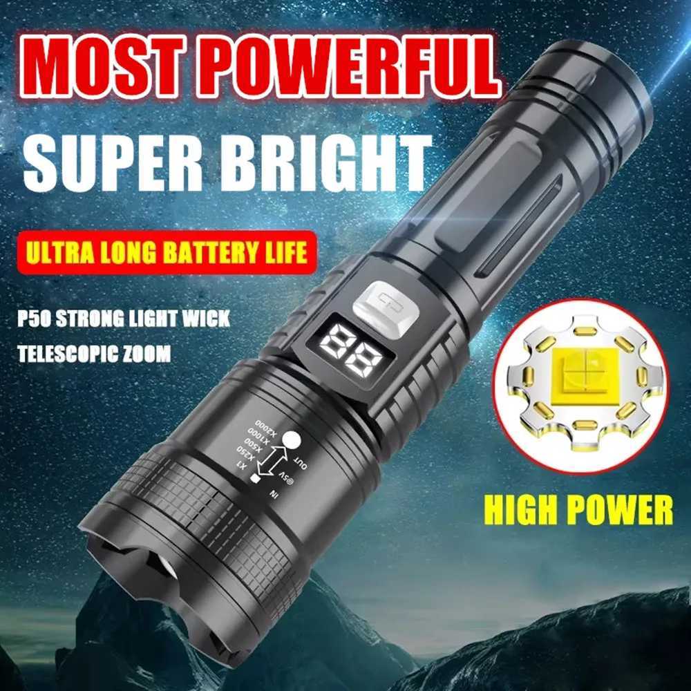Powerful Long Range LED Flashlight Tactical Light Power Display USB Rechargeable Light Telescopic Zoom Torch Camping Lantern XJ250529