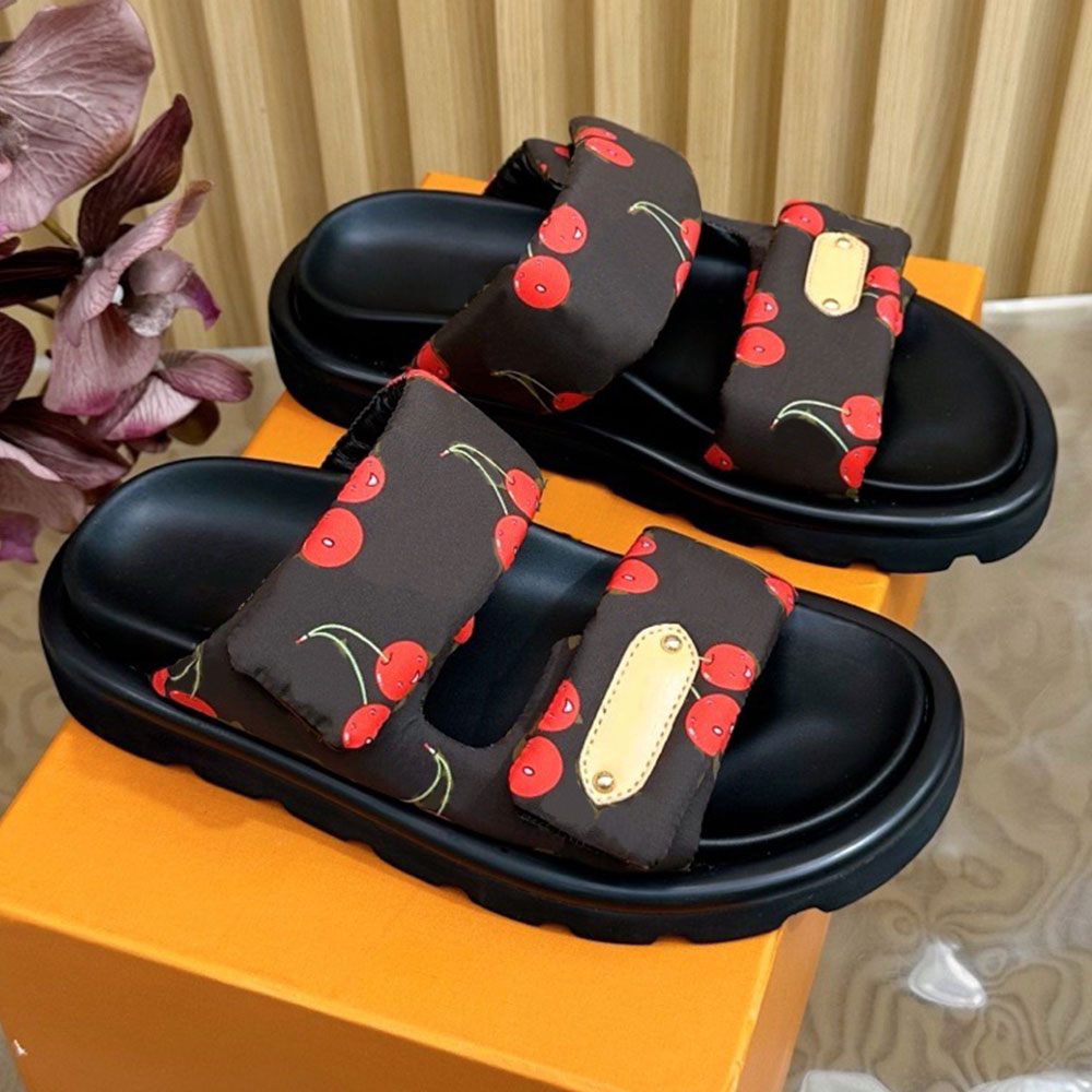 Pool Pillow Flat Comfort Mule designer cherry mule womens 1AHMDM nylon Signature label Leather lining easy to wear style hot sale casual pink pool pillow sandals