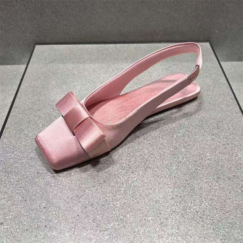 Genuine Leather Satin French Square Bow Flat Back Strap Closed Toe Sandals for Women 2025 New Spring Summer Single Shoes
