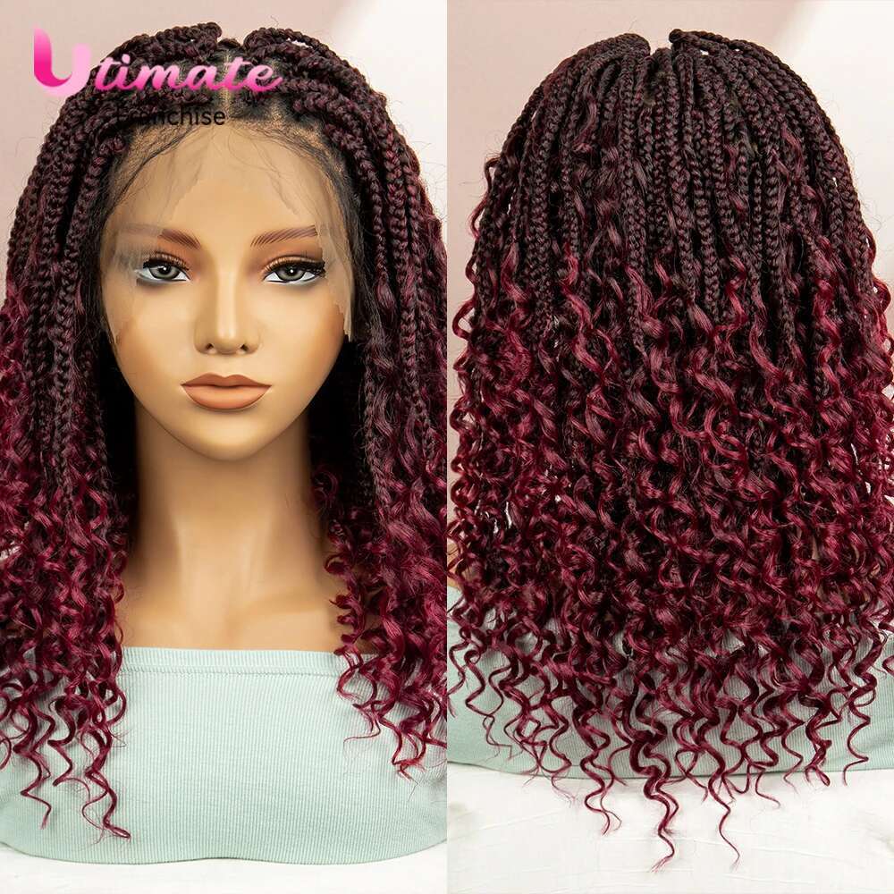 99J Bury Color Braided Wigs Synthetic Full Lace Knotless Square Box Braids Curly Hair Wig for Women