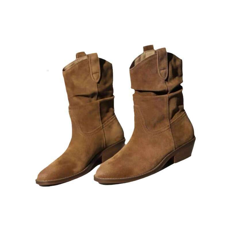 Niche Western Cowboy Mid-Calf Wrinkled Slouch Women 2024 New Autumn Winter Thick Heel Short Boots