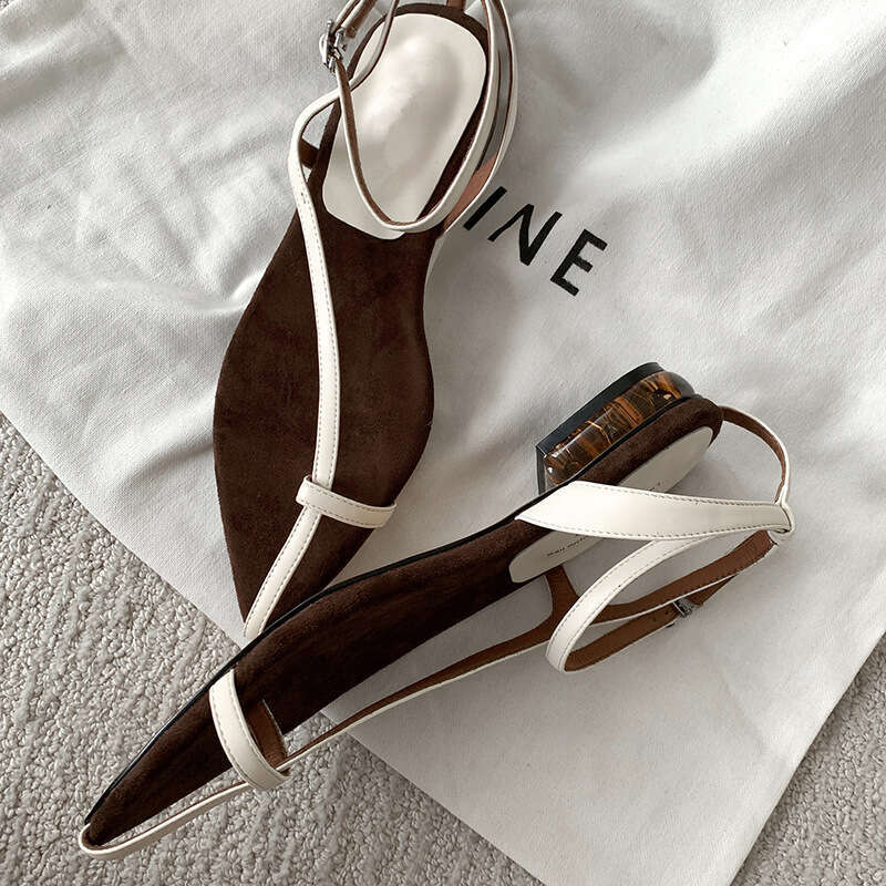 Genuine Leather French Niche High-End Pointed Leaf-Shaped Toe Ring for Women Summer Vacation Low Heel Flat Thin Strap Sandals