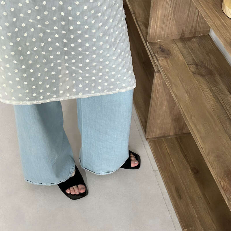 Korean Style Niche Simple Genuine Leather Suede Open-Toe Square Toe Slippers for Women Outdoor Summer New Flat Sandals