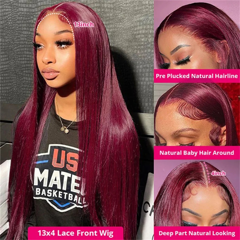 Straight Burgundy Red 13x4 Lace Frontal Wigs Human Hair Red 99J Colored Pre Plucked Wig Transparent Lace Front Human Hair Synthetic Wigs