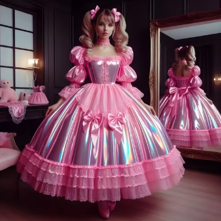 Shiny Pink Victorian Evening Formal Dresses Puffy Long Sleeve Corset Pleated Lolita Rococo Customsized Prom Gown Cosplay