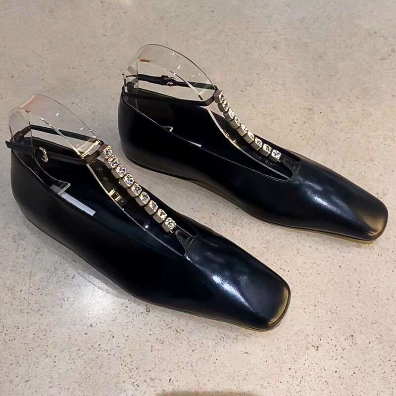 Genuine Leather French Style High-End Rhinestone T-Strap Square Toe Shallow Mouth Flat Mary Jane Shoes for Women Spring and Autumn