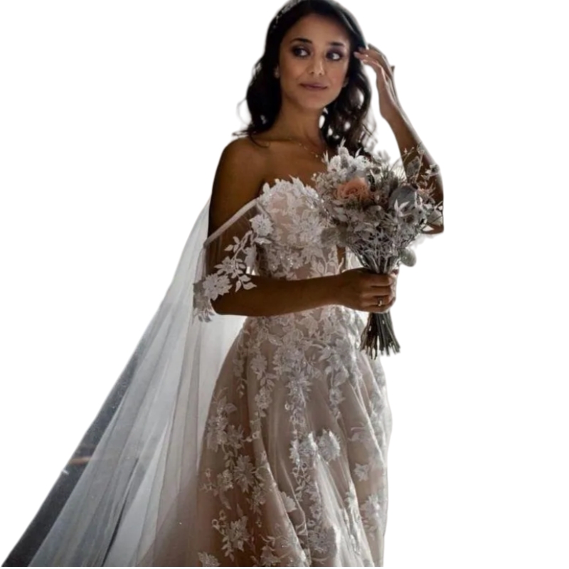 Bohemian Lace A-Line Wedding Dresses Off Shoulder Long Bridal Gown Backless Boho Garden Bridal Gown Sleeveless Court Train Vestido De Novia