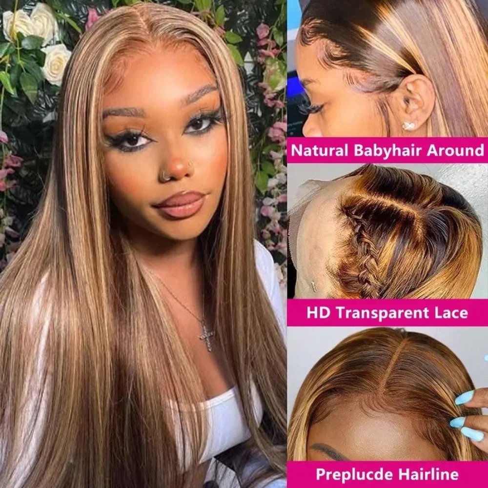 36 Inch Lace Front Wig Human Hair Ombre Highlight 13x6 HD Transparent Straight Lace Front Wigs Pre Plucked 250% Density Synthetic