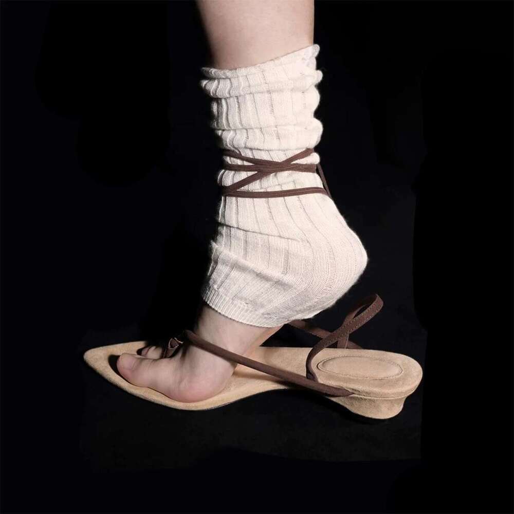 Sheepskin Version ~ Niche Pointed Toe Post Two-Way Lace-Up Roman Sandals for Women 2025 Summer New Thick Heel Slippers