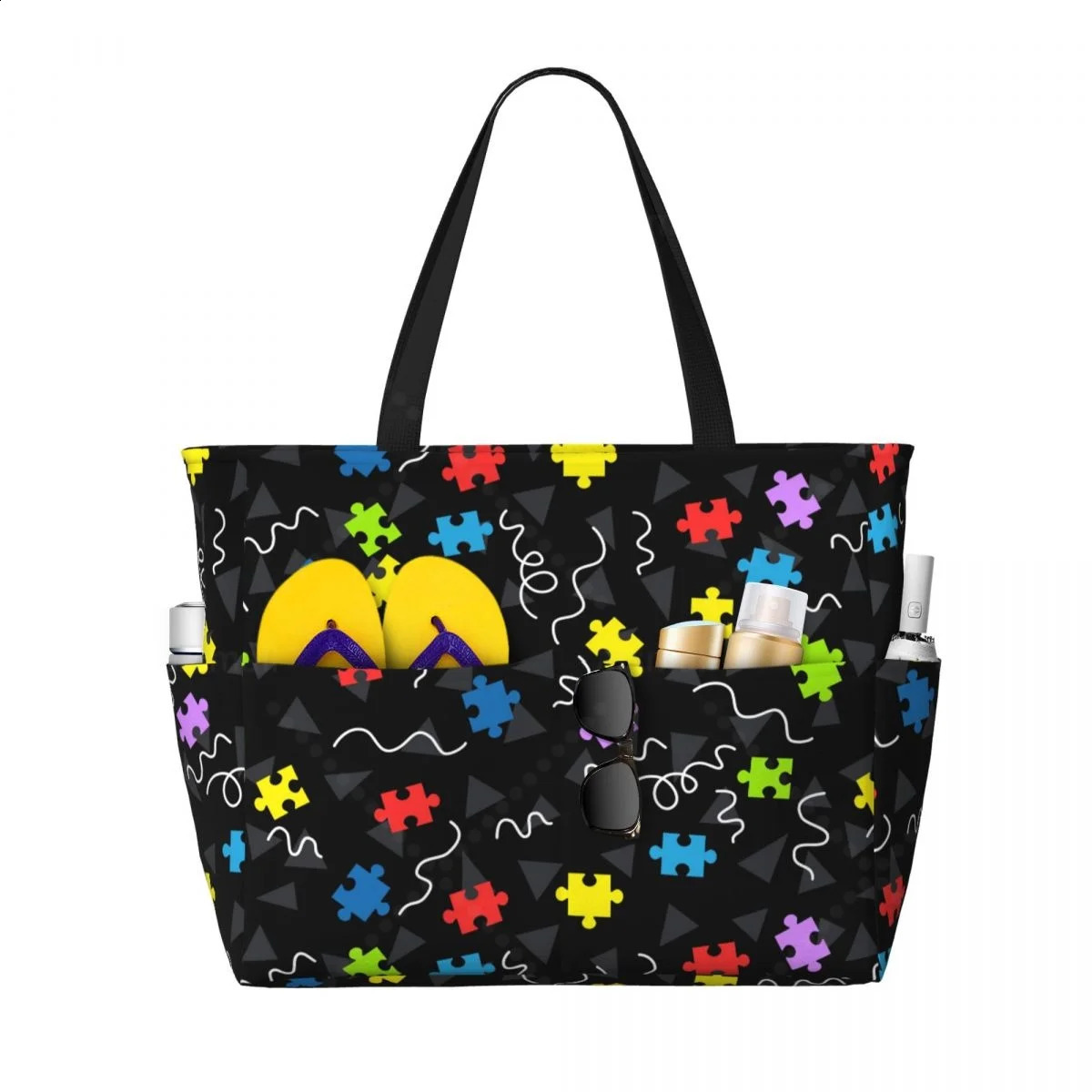 Puzzle Piece Travel Tote Bag Large Sandproof Beach with Zipper and Pockets for Womens Vacation Gym Travel 250528