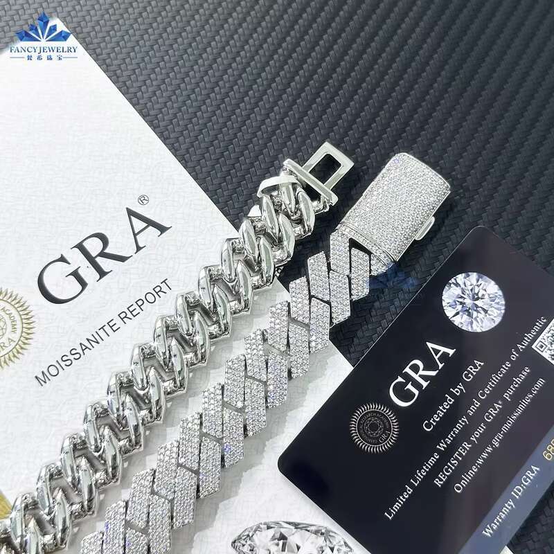 Hip Hop Jewelry 925 Sterling Silver Jewelry Cuban Moissanite Chain 15mm VVS Moissanite Cuban Chain Necklace for Men Women