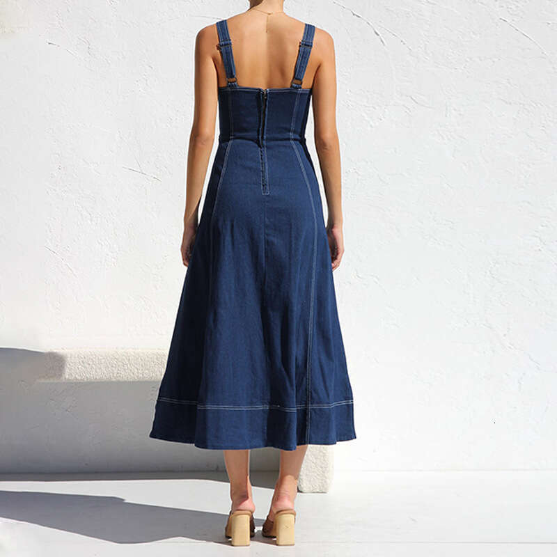 Autumn Winter Vintage Style Button Denim Long Dress With Straps B5