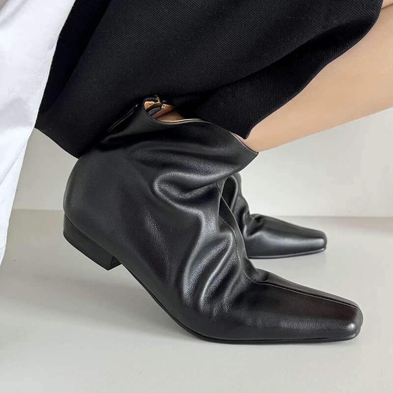 French Style Minimalist Square Toe Ankle Flat Slim with Back Zipper Short for Women Autumn Winter New Versatile Martin Boots