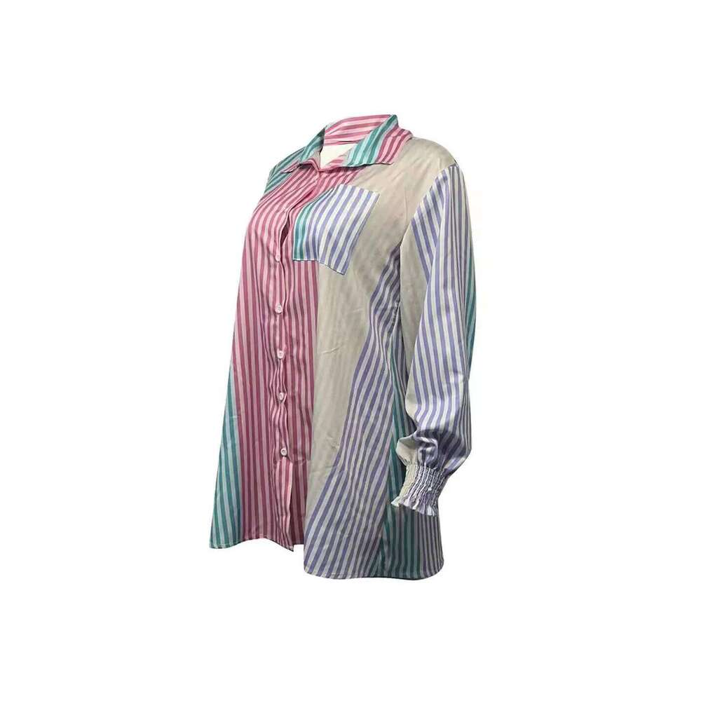 Women's Wear Pd002 New 2023 Fashionable Stripe Print Long Sleeve Shirt Loose Fit Casual Women's Top With Pocket China Mainland Origin