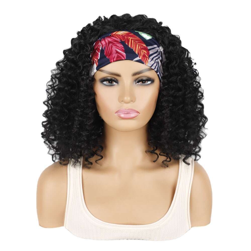 Women's wig Short 19Inch Deep Black Curly Hair Band Ice Silk Hairband Set Wig