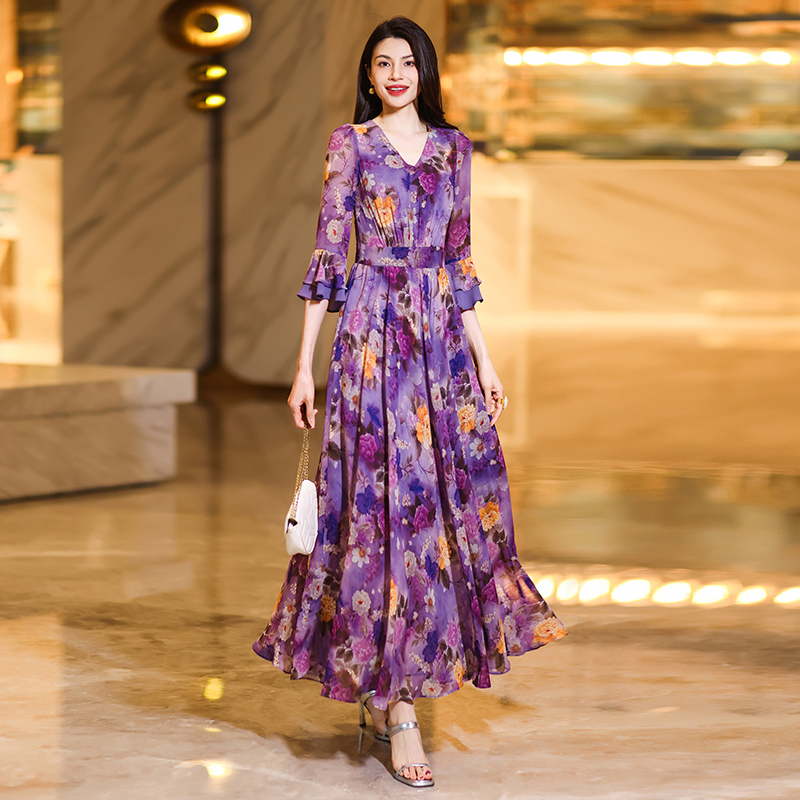 Sophisticated Women's Long-Sleeve Floral Print Dresses - Elegant Full Length Evening Wear