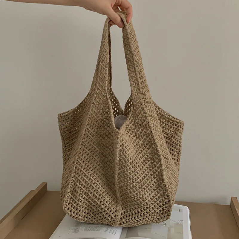Vintage Crochet Woven Tote Bag for Women Lightweight Durable Handbag Beach Foldable n Travel Shopping Daily Use 250528